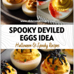Plate of creepy deviled eggs styled as spooky Halloween Nibbles for Party Halloween Food spread